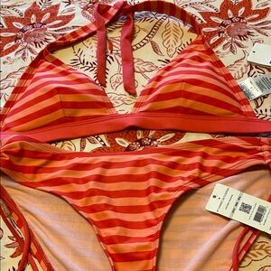 Patagonia Coral and Pink Striped Halter Bikini Set Top size S Bottoms M.